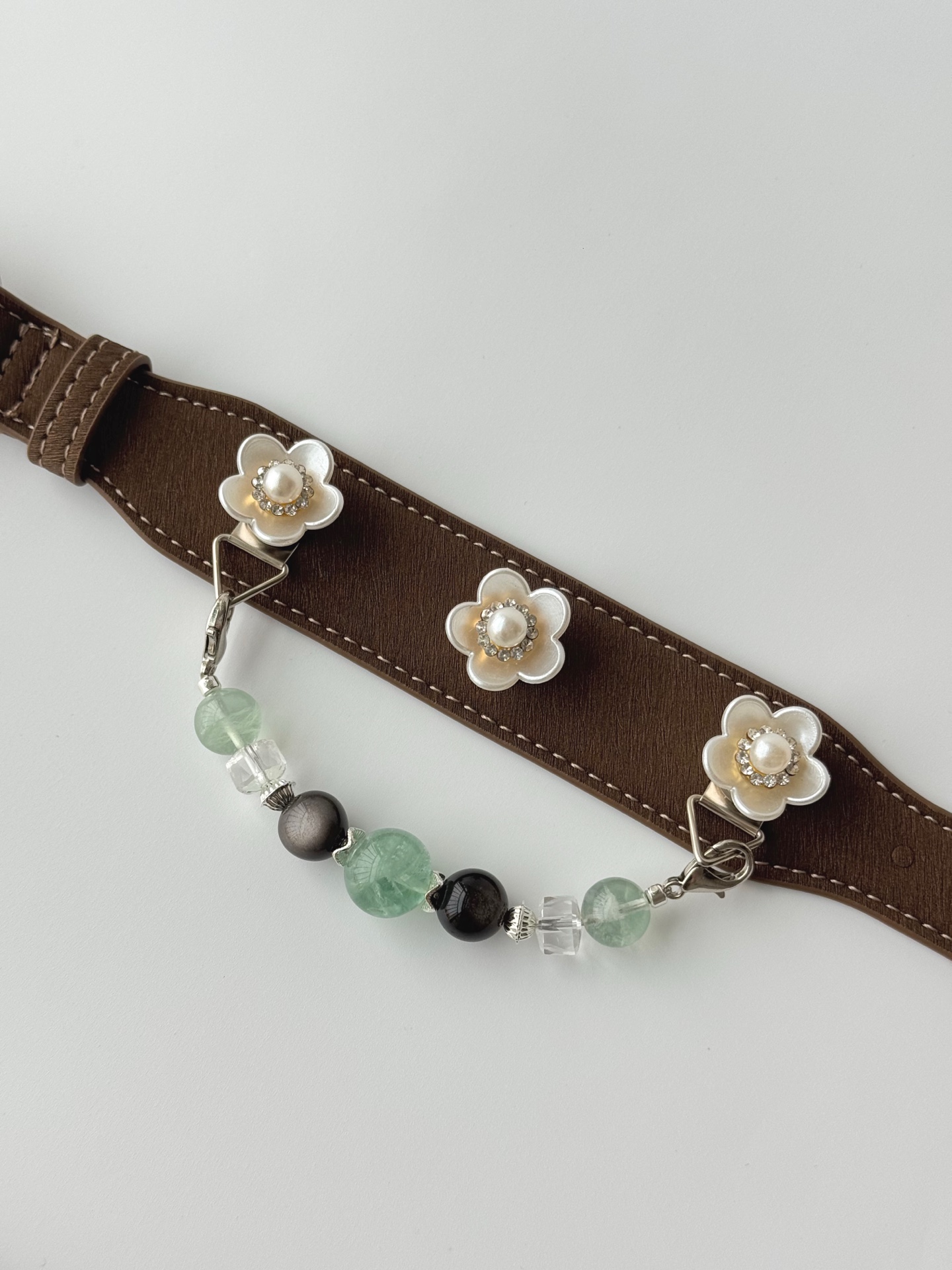 Close view of the Forest and Stone bead strand and its collar attachments