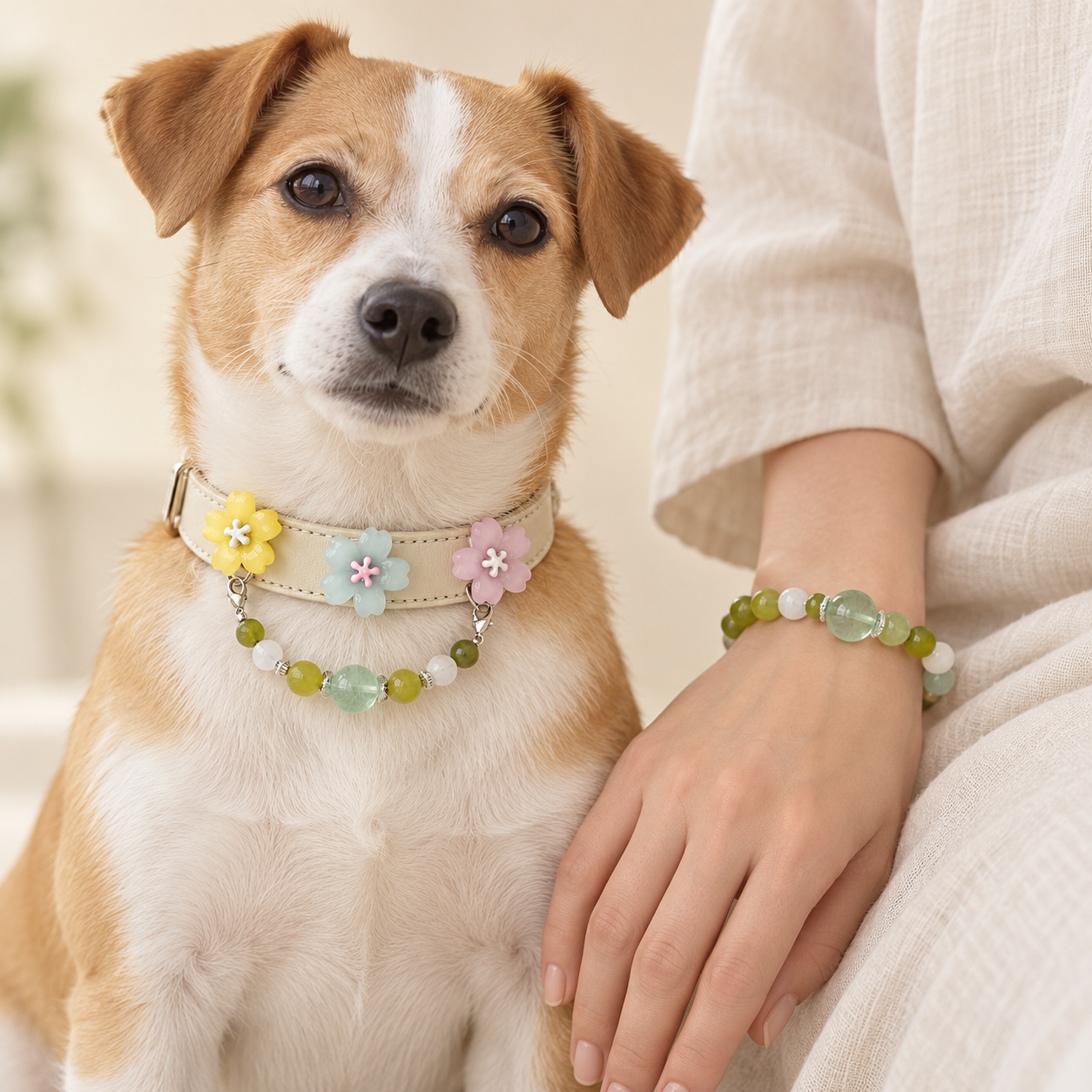 AI styling illustration of a dog wearing the Fern collar beside an owner wearing the coordinated bracelet