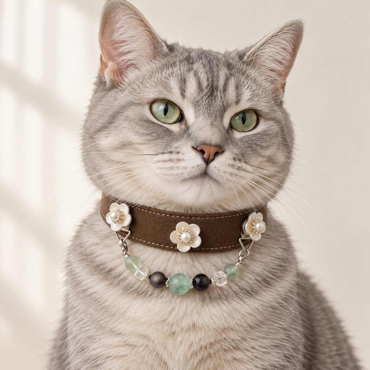 AI styling illustration of a grey cat wearing the Forest and Stone collar