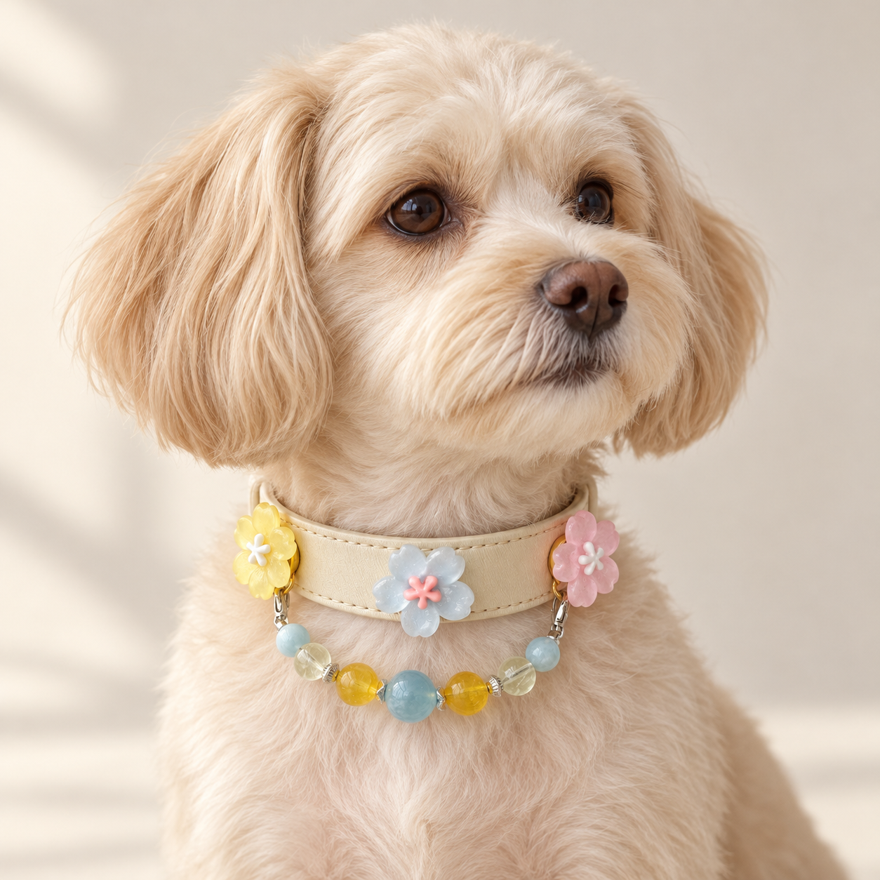 AI styling illustration of a cream dog wearing the Sky and Buttercup collar